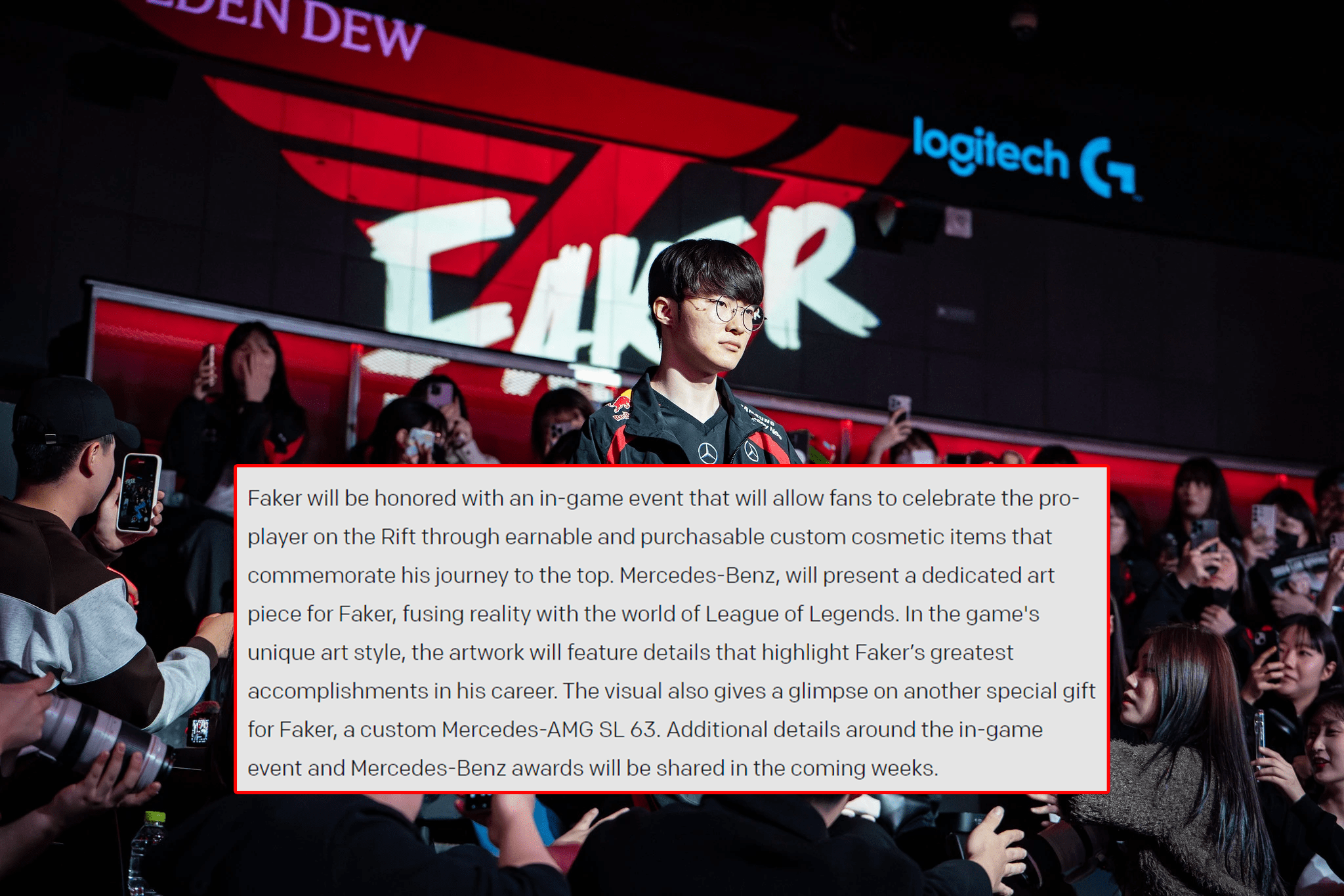 Faker will be honored with an in-game event allowing fans to celebrate him through collectible and purchasable items. Mercedes-Benz will showcase a special artwork for Faker, blending reality and the world of LoL. With the unique artistic style of the game, the artwork will contain details celebrating Faker's greatest achievements. Additionally, there is information about another special gift for Faker, a custom-designed Mercedes-AMG SL 63. More details surrounding the in-game event and Mercedes-Benz's rewards will be shared in the coming weeks.