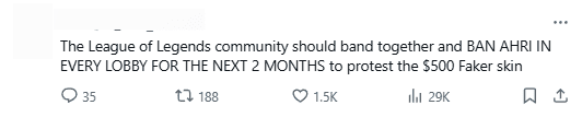 The League of Legends community should ban Ahri in every match for the next 2 months to protest the $500 price for Faker's skin