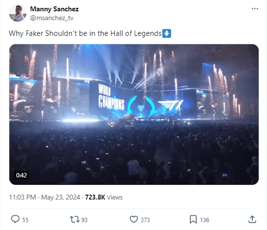 A post by Manny Sanchez - an Emmy Award-winning producer from LCS expressing his thoughts on whether Faker should be in the HoL
