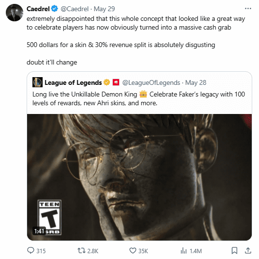 Caedrel speaks frankly about Riot's 'milking': 'Very disappointed that the entire program to honor a player now feels like a 'blood-sucking' for gamers. 500 USD (for the LEC server) for one skin and the player only gets 30% of the revenue is completely ridiculous. I believe they need to change'