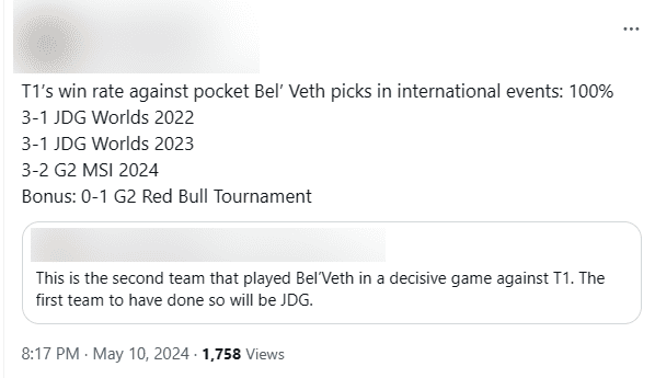 T1 has a 100% win rate against Bel'Veth in international play: 2 matches against JDG and 1 against G2. G2 is also the second team to dare to pick Bel'Veth in the deciding game against T1. The first team to do so was of course JDG