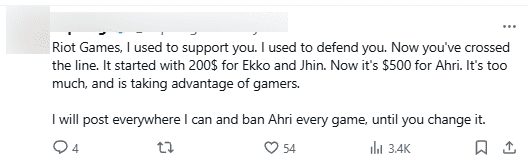 Riot, I can support the company, I have defended you before. And now you have crossed the line. Starting from 200 USD for Ekko and Jhin. Now it's 500 USD for Ahri. Too much and a disadvantage for the game. I will post this everywhere, and ban Ahri in every match until you change