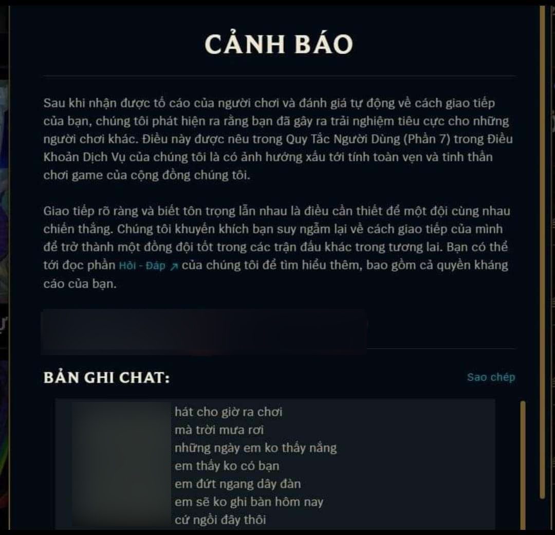 A player was banned from chat for typing the lyrics of Ngọt Band's song.