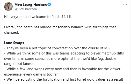 Riot representatives announced changes in patch 14.11, including adjustments to turret shield gold and first turret gold to limit the abuse of the lane swap meta