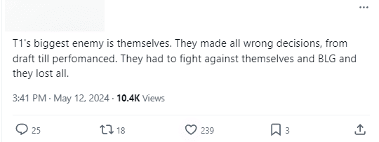 "The biggest enemy of T1 is themselves. They keep making wrong decisions, from draft to execution. They have to fight against themselves and BLG, and they lost completely" class=