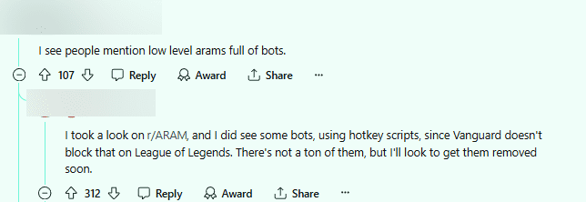 Some players are concerned about Vanguard being implemented but bots are still being used in ARAM, and Riot admits they are still working on this as many bots are still in use