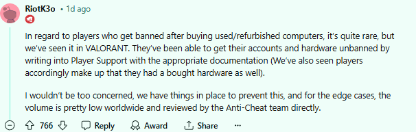 Riot explains the case of mistakenly buying an old machine that has been HWID banned: 