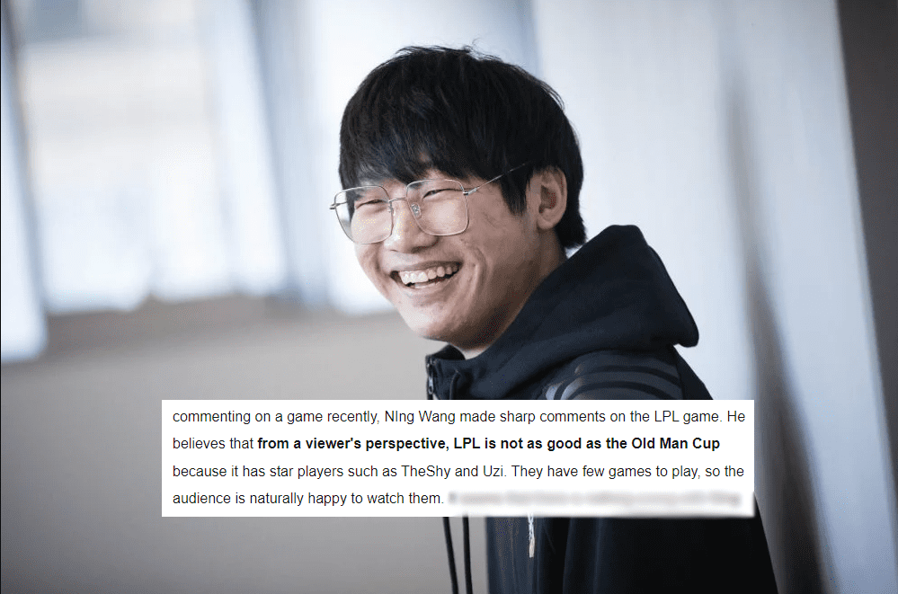 Ning recently made harsh comments about the current state of LPL: 'I've been watching the recent LPL matches as a viewer, and honestly, they are less exciting than the 'Old Man's Cup.' This tournament features many famous names, and viewers would prefer to see Uzi and TheShy compete more'