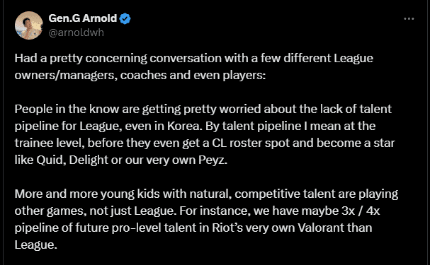 Gen.G's CEO believes the talent shortage in LCK is quite serious: 