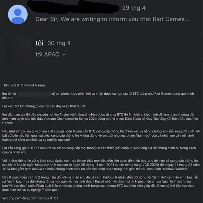 He sent an email claiming innocence to Riot APAC