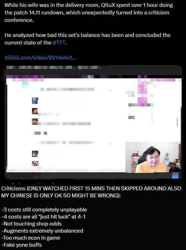 From explaining the patch in a video, QituX shifted to critiquing how poorly Riot balanced Season 11 for over an hour: 'The playstyle around 3-cost champions is nearly impossible to implement due to the heavily nerfed appearance rates and champion pool. Using 4-cost carries now feels like 'gambling with fate' in the roll at round 4-1. Yet it's hard to believe that Riot hasn’t changed the Shop’s rates. Additionally, there are many imbalanced Tech Cores, and Riot has given too much gold to players this season'