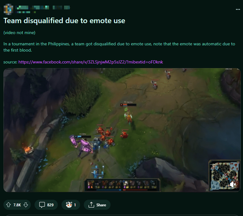 The post received nearly 8,000 upvotes on Reddit: 'A League of Legends team was expelled from the tournament for using emotes. In a tournament in the Philippines, a team was disqualified for using emotes. This was even an emote that is automatically activated when the team achieves first blood'