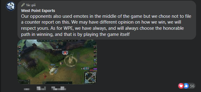WPE stated: 'Our opponents also used emotes, but WPE chose not to report this action. Everyone can have different perspectives on how to win, and we respect that. For WPE, we always choose the most honorable way to achieve victory'