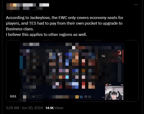 JackeyLove expressed frustration over his team having to pay out of pocket to upgrade to business class for EWC 2024: “You know, EWC only sponsored us with economy class tickets. Then TES had to pay out of pocket to upgrade to business class for the team members. I believe other teams are also facing this issue but they haven’t spoken up