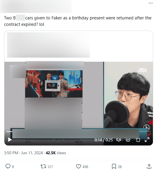 The two cars from B sent to Faker as 'birthday gifts' had to be returned after the contract ended