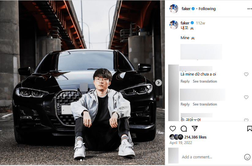 Faker once posted on his IG with the caption 'Mine' when he received the car