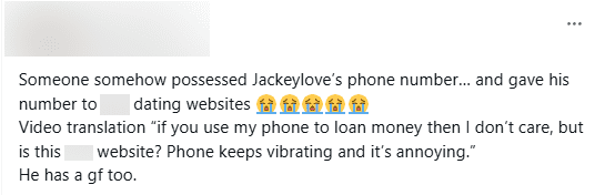 The AD Carry is not bothered by the phone number being used to borrow money but finds it very annoying to be called constantly from the dating website