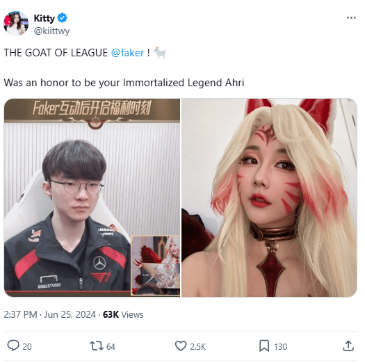 And also confessed to Faker: 'The G.O.A.T of the League of Legends. It is truly an honor to become your immortal legendary Ahri.'