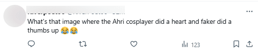 'Can anyone find me a picture of the cosplayer as Ahri making a heart pose while Faker just gives a thumbs up?'