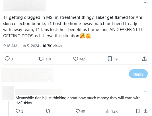 'T1 is criticized and mocked because of the MSI meta. Faker is criticized by some League of Legends viewers for the high price of the HoL Ahri skin. T1 is designated as the home team but now has to renegotiate to resolve issues for the 'away team' (KT Rolster). T1 fans are upset because their rights are affected even though they are home team fans. Moreover, Faker and the players are still facing DDoS attacks? This situation is truly ridiculous.' And a response: 'Meanwhile, Riot only cares about how much they will earn from the HoL skins'