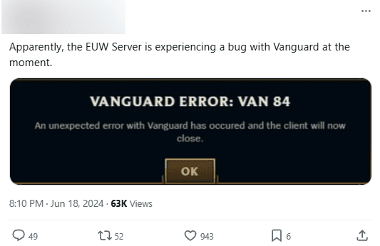 Vanguard error reported on European servers