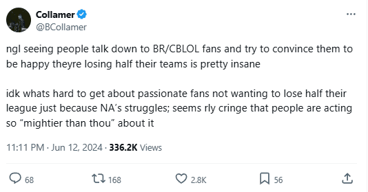 Coach Collmer leading Black Rock Esports in the NACL: 'It's really frustrating to see people belittle BR/CBLOL fans and try to convince them to be happy about losing half of the teams. I don't understand why it's hard for people to accept that passionate fans don't want to lose half the league just because of NA's difficulties. It's absurd how some people act 'superior' about this issue'