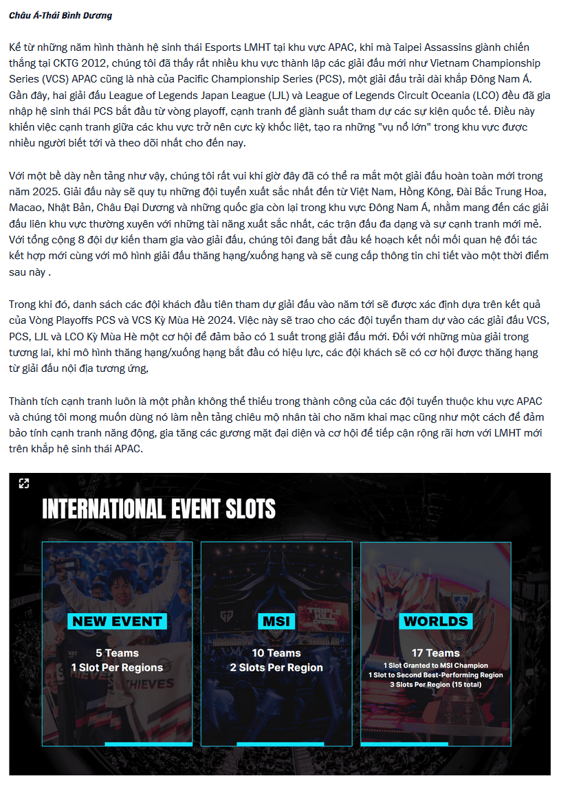 In the first instance, 2025 is expected to be experimental, and APAC will have 8 teams participating in the new tournament, with each region having 1 team