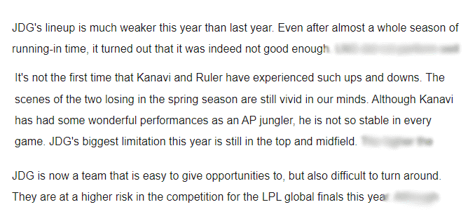 Sohu’s article expresses pessimism about JDG's chances for Worlds 2024: 'JDG's lineup this year is much weaker than last year. Even after spending the entire spring season to adapt to the new roster, JDG simply isn't strong enough. This isn't the first time Kanavi and Ruler have underperformed. Even when Kanavi had some good displays with AP Jungle champions, he lacks consistency. JDG's biggest weaknesses now are Top Lane and Jungle. In summary, JDG is a team prone to mistakes but lacks a way to bounce back in matches. They are in a very dangerous position in the race for a Worlds ticket and could completely fail.'