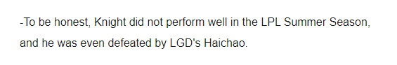 'In reality, Knight isn't playing well in the LPL anymore either. He even lost to Haichao from LGD' - Another fan shared