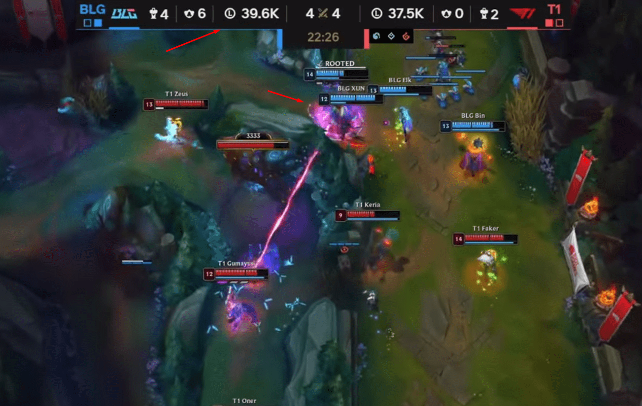 Knight was the one who couldn't dodge the Death's Hand from Gumayusi, igniting T1's subsequent comeback