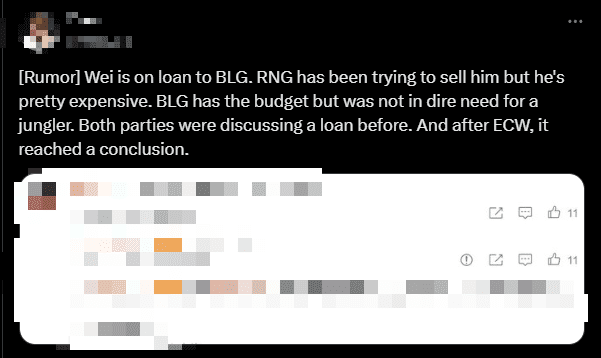Details about Wei's transfer to BLG revealed: 'Wei will join BLG on a loan agreement. RNG tried to sell this player but their asking price was too high. BLG has the financial capability but they don't necessarily have to replace their jungler. Both teams had discussed the loan of Wei for a long time, but it was only after the EWC 2024 ended that this deal was finalized'