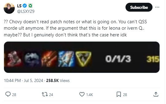 LS also wonders if Chovy is unaware of the updates or if there's another issue. After all, Quicksilver does not negate Mordekaiser's ultimate. So LS speculated that the item might be to deal with Leona or Ivern