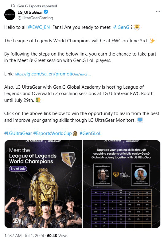 But their sponsor LG UltraGear referred to Gen.G as 'World Champions' while this title currently belongs to T1