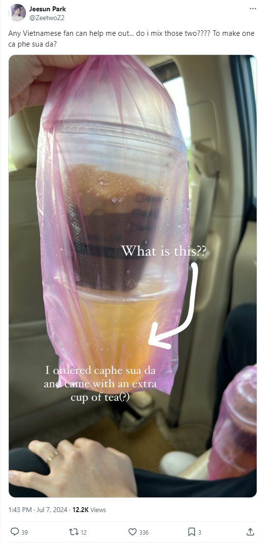 Female host Jeesun Park also visits Vietnam and is very confused when buying iced milk coffee but gets an additional iced tea as a gift