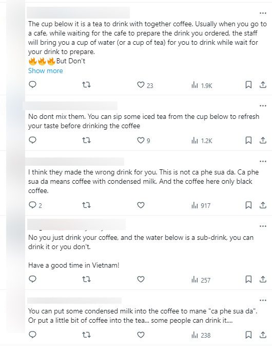 Viewers enthusiastically explain how to use iced tea, why it's included, and wish the female host a great experience in Vietnam