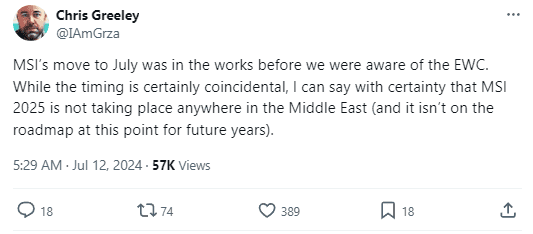 Riot representative had to respond quickly: The move of MSI to July was planned before we knew about EWC. Of course, the schedule may be reconsidered, but I assure you that MSI 2025 will not be held in the Middle East (nor are there any plans for future tournaments)
