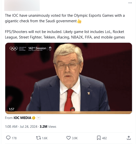 The International Olympic Committee (IOC) has unanimously approved the organization of the Esports Olympics with massive sponsorship from Saudi Arabia. FPS games will not be included. The projected list of games includes League of Legends, Rocket League, Street Fighter, Tekken, iRacing, NBA 2K, FIFA, and mobile games