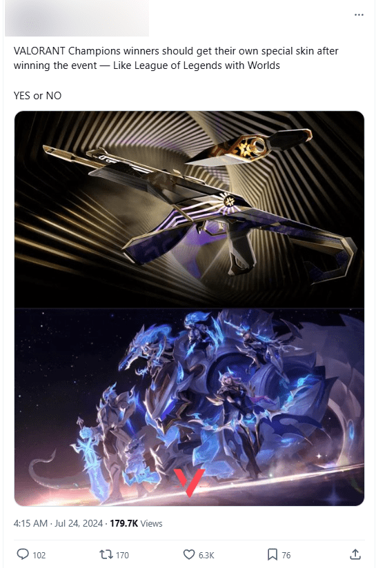 There are suggestions that VALORANT Champions winners should also receive honor skins like the League of Legends World Championship team