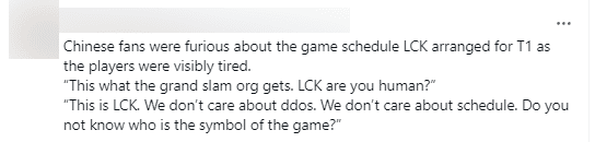 T1 fans in China are outraged by T1's schedule: 'This is the grand slam that this organization has received. Does LCK even think? Reply: This is LCK, we don't care about DDoS. We don't care about the schedule. Do you know who the icon of the game is?'