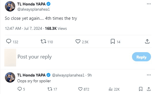 APA posted 7 minutes before the match ended and he realized it immediately