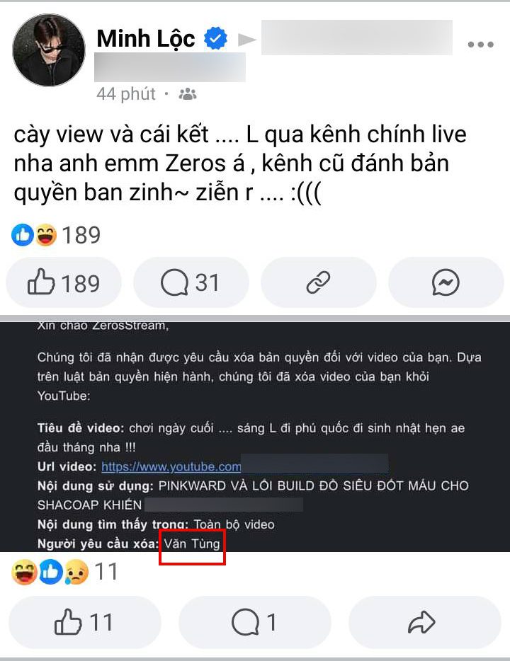 Zeros has a post implying Văn Tùng reported copyright, causing his YouTube channel to disappear