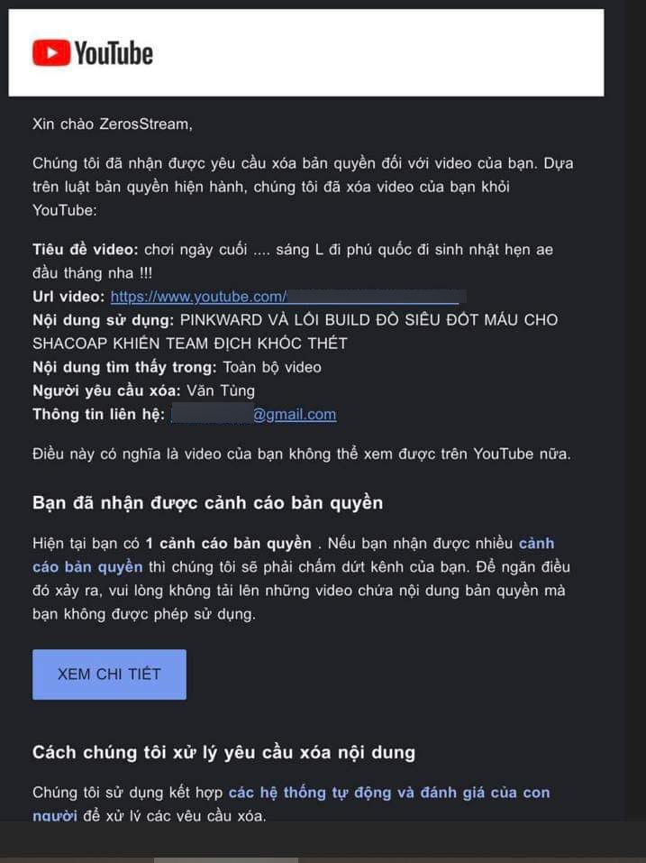 The full version of the YouTube email notifying Zeros' channel of copyright infringement