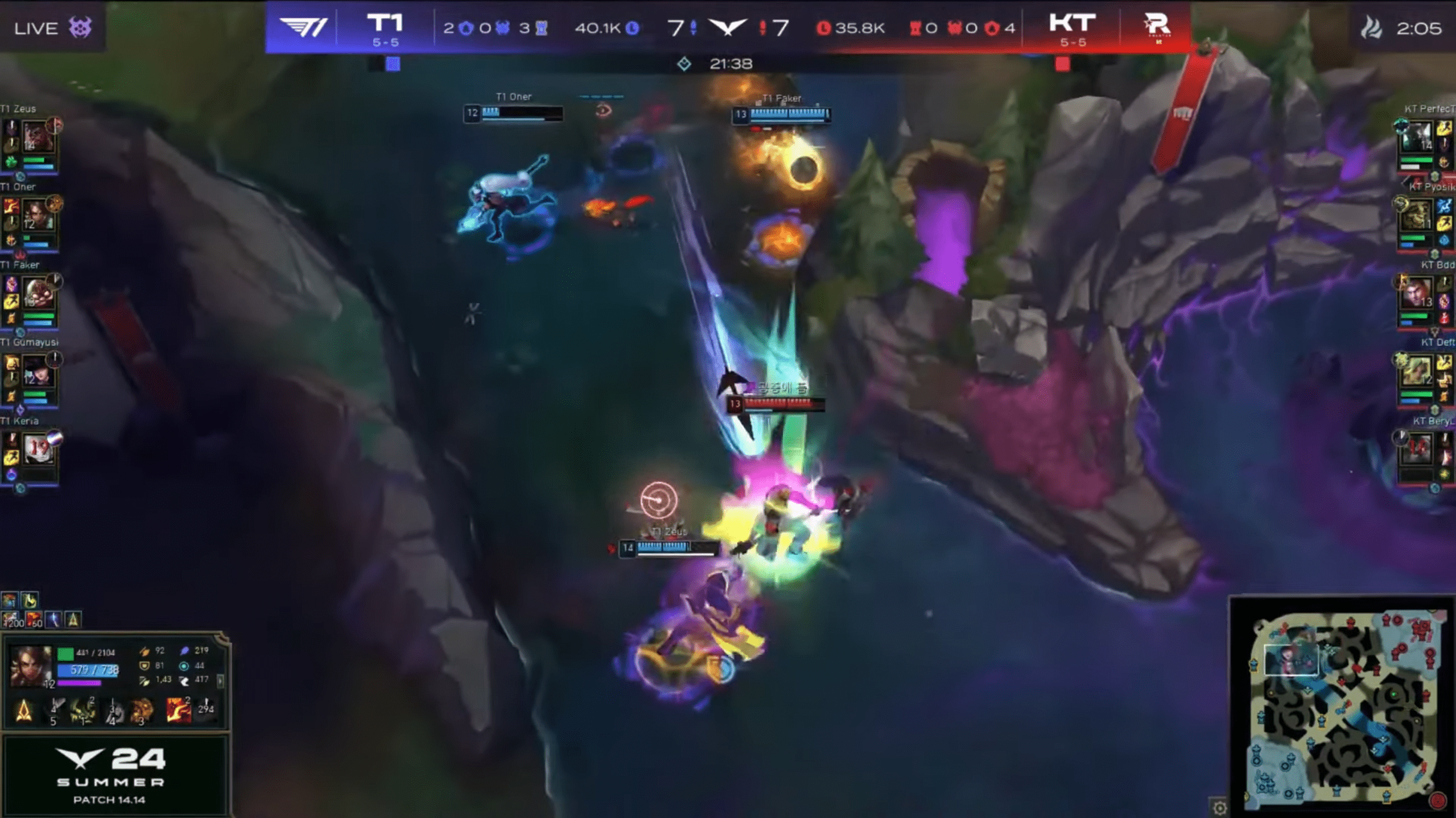 In the match against KT, he made crucial plays that helped his team gain an advantage, such as bringing Bdd to his teammates' position in game 3