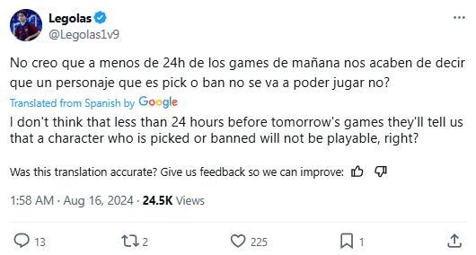 Player Legolas complained that being notified less than 24 hours before the match starts will make it difficult for teams
