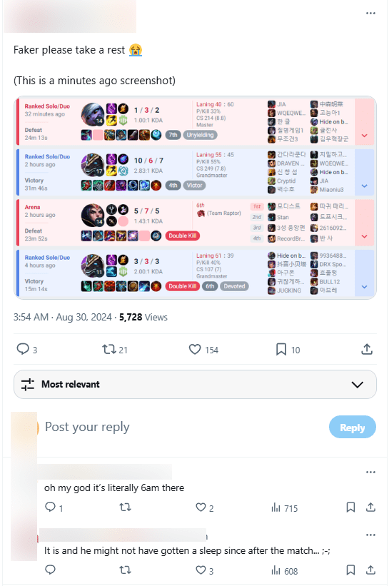 Fans noticed Faker was tryharding all night after the loss to HLE until morning