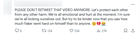 "Please stop sharing these videos. Let's protect everyone from any harm. We all have feelings and are hurting at this moment. I'm sure we feel demoralized. But please be compassionate when you see the Demon King suffering more than anyone else"
