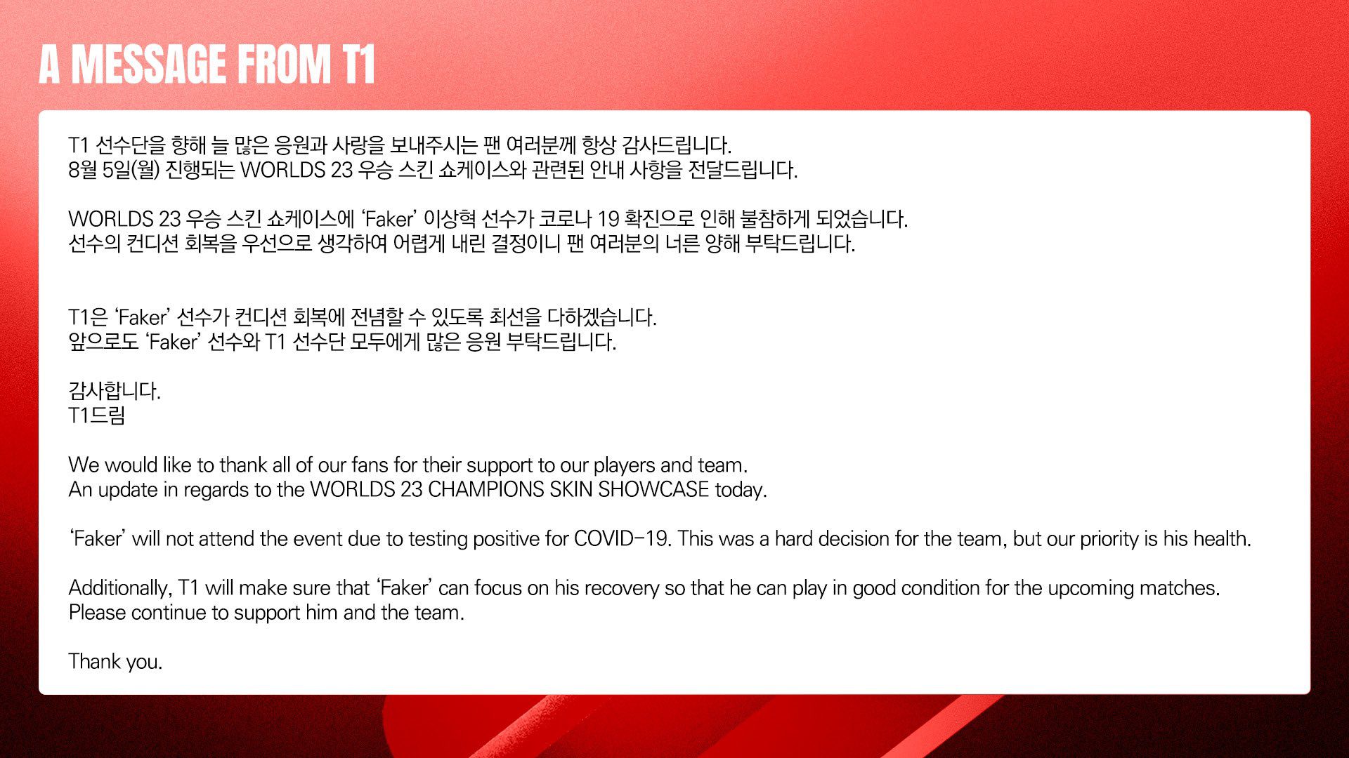 Faker will be absent from T1's Worlds 2023 skin Showcase due to COVID-19, and T1 assures it will strive for recovery for upcoming matches.