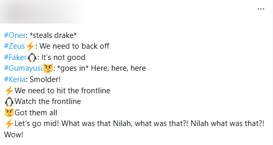 A viewer translated the mic-check segment showing that when Oner stole the Dragon, Zeus and Faker decided to retreat because the fight situation was poor, and only Gumayusi was the player urging to engage.