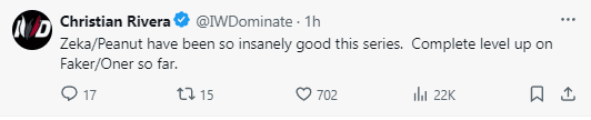 Former player and LCS streamer commented: 'Zeka/Peanut were incredible in this series. They completely outperformed Faker/Oner'
