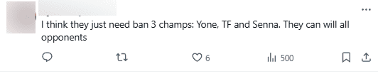 I think they just need to ban 3 champions: Senna, Yone, TF to win against any opponent